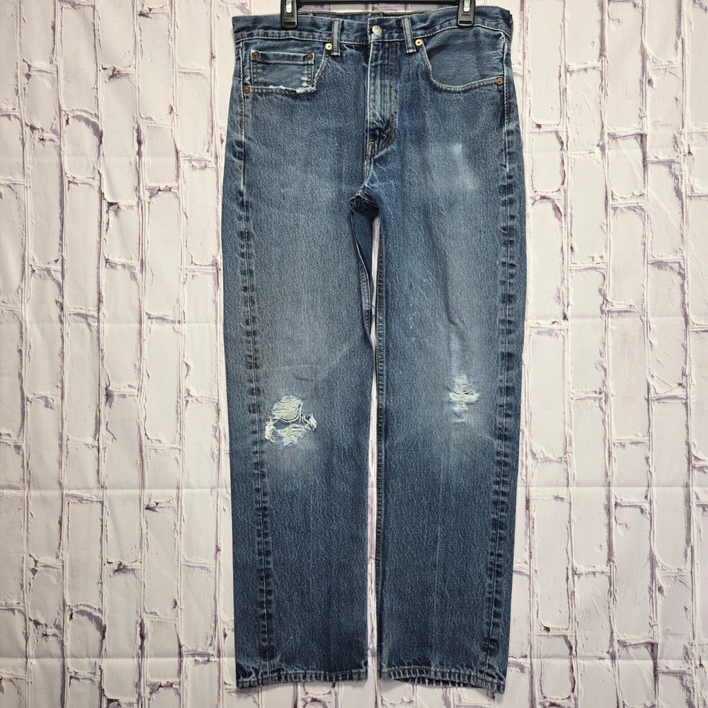 Levis 505 Regular Fit Straight Leg Jeans Mens 34x32 Medium Wash Distressed Blue